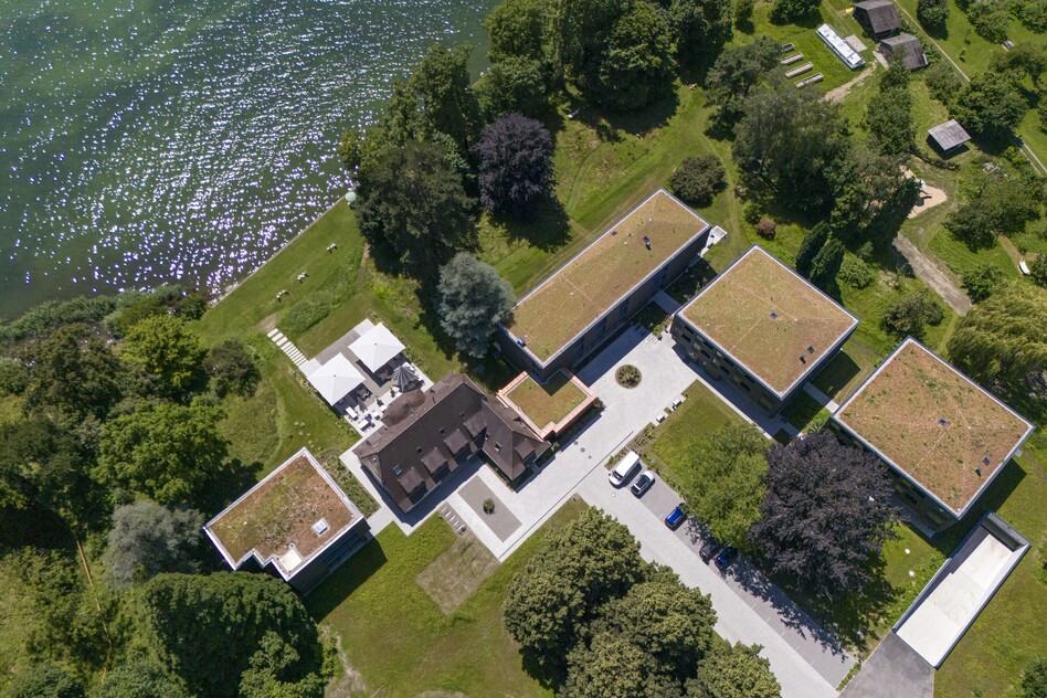 An aerial view of the Seegut Zeppelin grounds directly on Lake Constance in Friedrichshafen