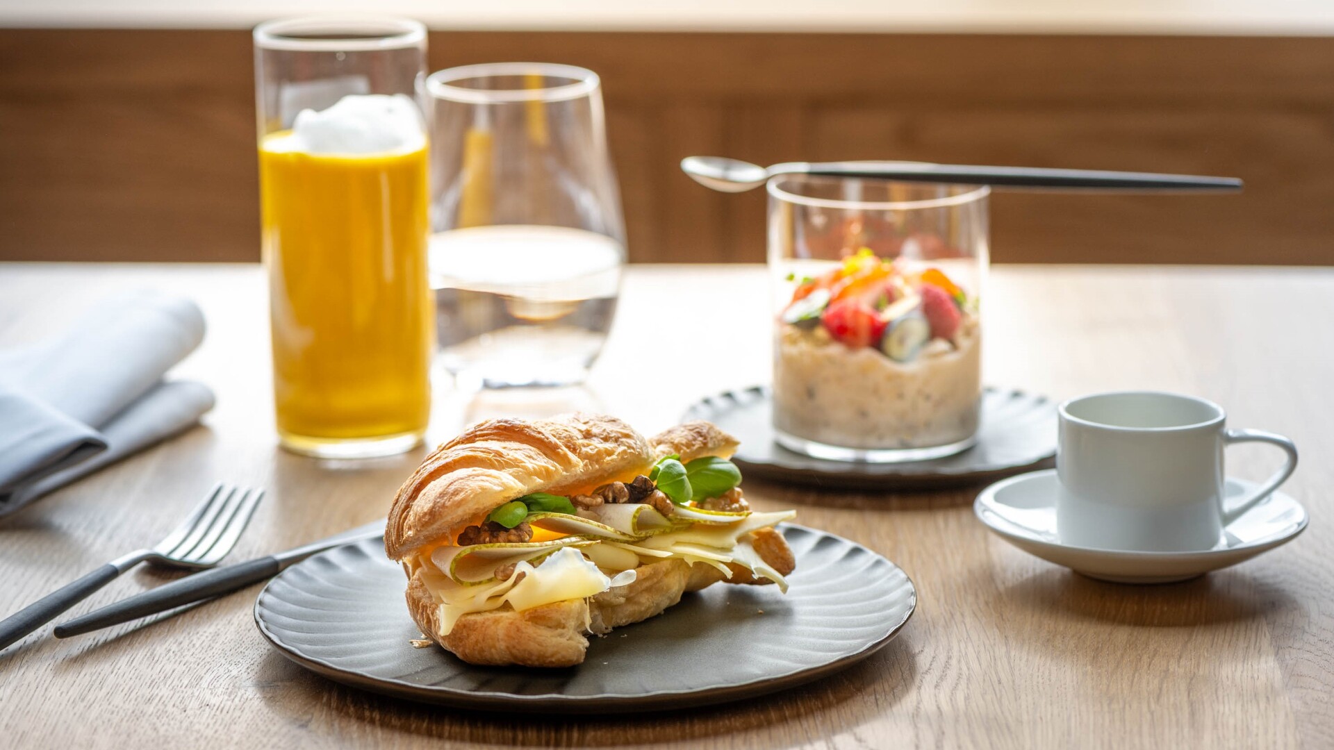 Served breakfast with croissant, bircher muesli and golden milk at Seegut Zeppelin