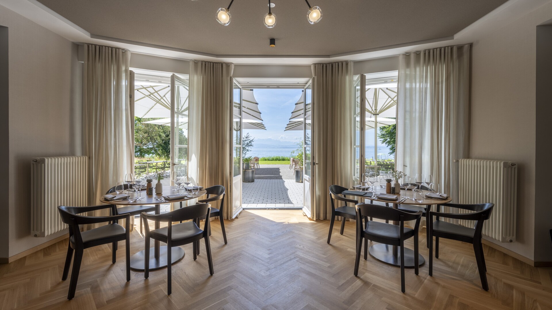 View of the terrace from the Villa Gminder at Restaurant Pinus, Seegut Zeppelin