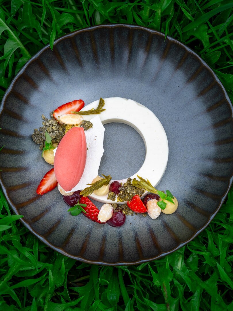Erdbeer-Dessert mit Sorbet und Crumble auf dunklem Teller im Restaurant Pinus des Seegut Zeppelin